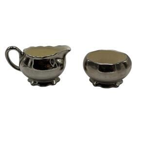Vintage Grays Pottery Pewter Silver Tone Hand Painted Creamer Sugar Set Hanley